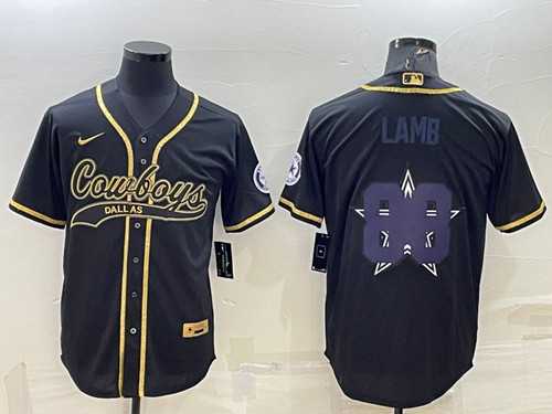 Mens Dallas Cowboys #88 CeeDee Lamb Black Gold Team Big Logo With Patch Cool Base Stitched Baseball Jersey